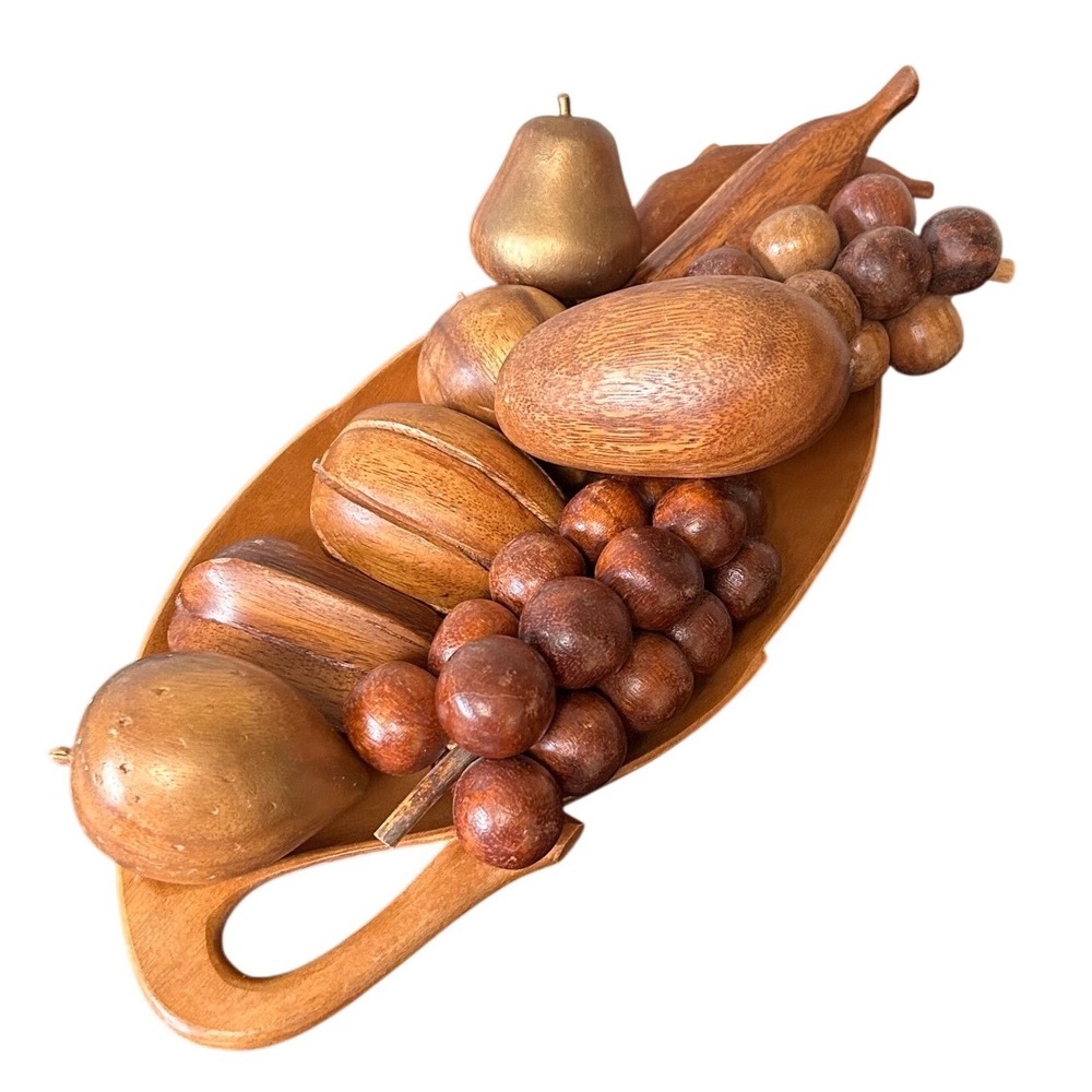 Vintage Hand Carved Wooden Monkeypod Fruit Set Leaf Serving Tray 15 Inch MCM